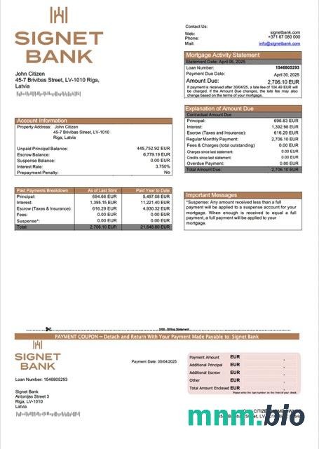Łotwa Signet Bank wyciąg z kredytu hipotecznego szablon Word i PDF